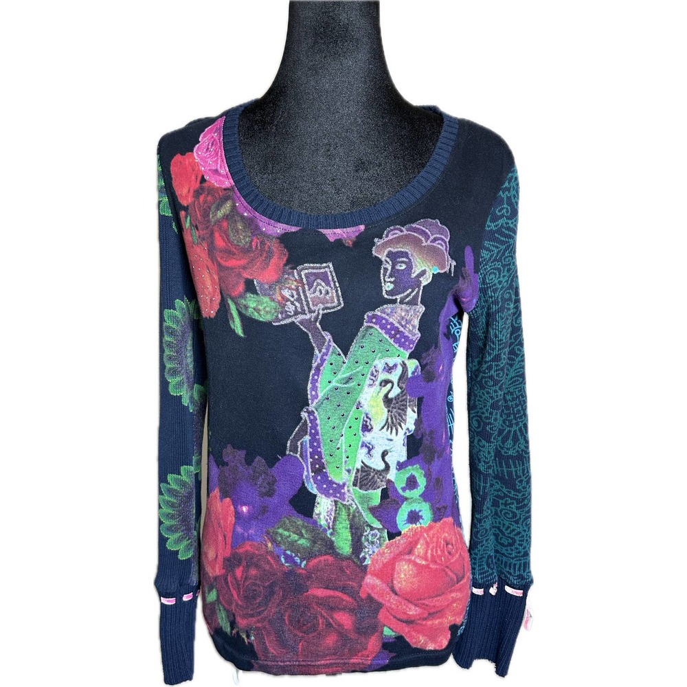 Desigual Geisha Floral Embellished Long Sleeve Tie Cuff Black Sweater Size M